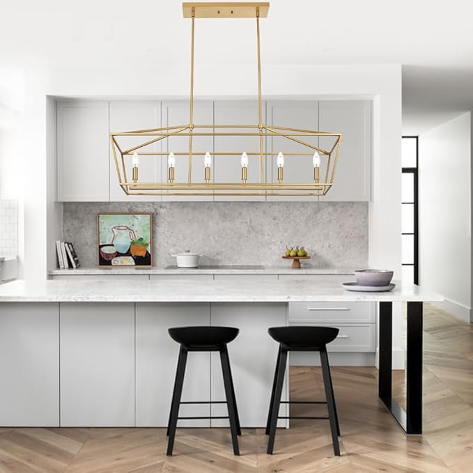 BONLICHT 6 Light Brushed Brass Farmhouse Chandelier for Dining Room, Modern Industrial Foyer Linear Pendant Light Traditional Gold Kitchen Island Lighting Fixture Hanging Ceiling Lights, E12 Base