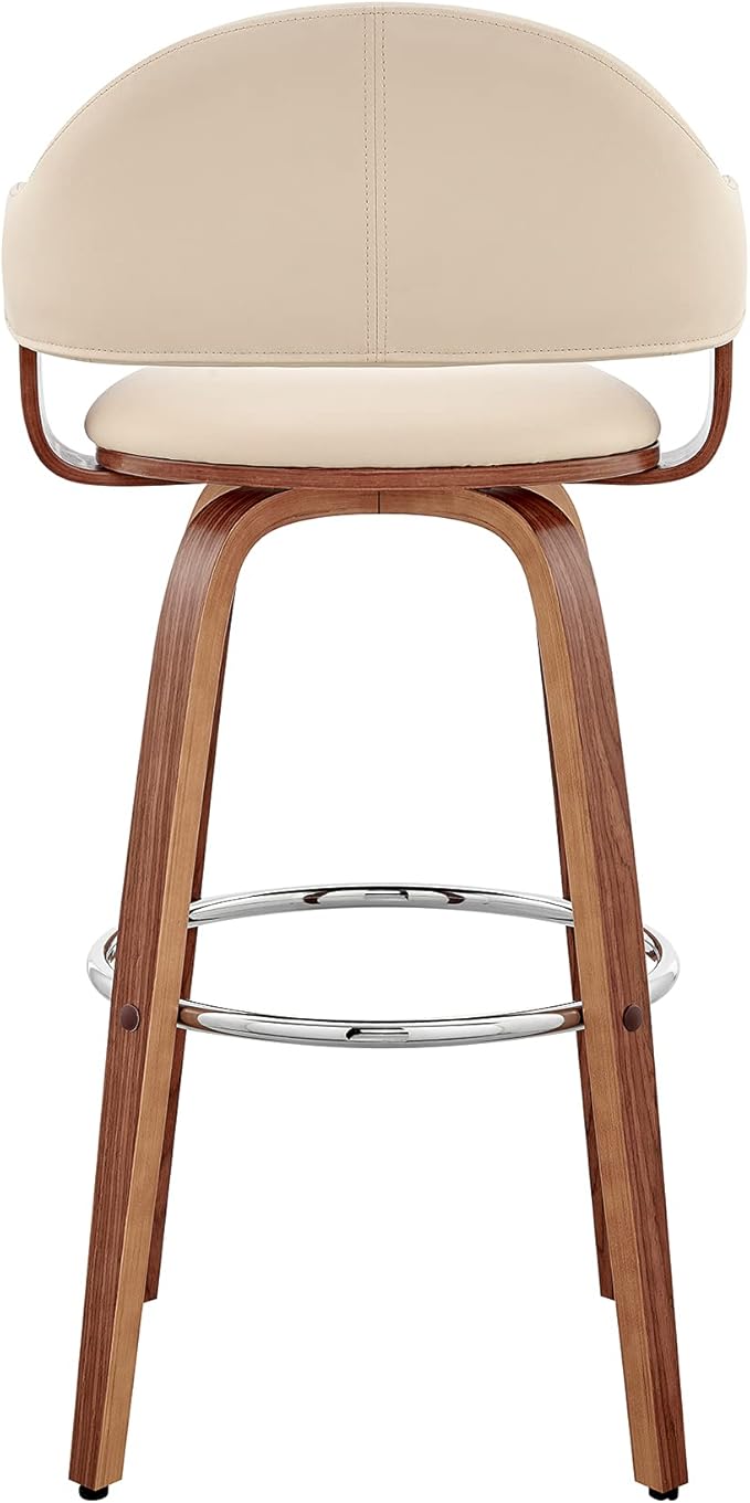 Armen Living Daxton Mid Century Modern Swivel Bar Stool for Kitchen Island Counter in Cream Faux Leather and Walnut Wood, 26" Seat Height