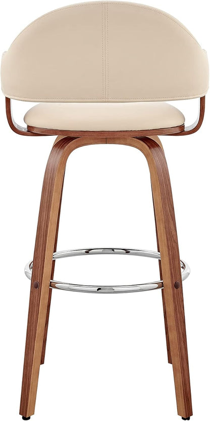 Armen Living Daxton Mid Century Modern Swivel Bar Stool for Kitchen Island Counter in Cream Faux Leather and Walnut Wood, 26" Seat Height