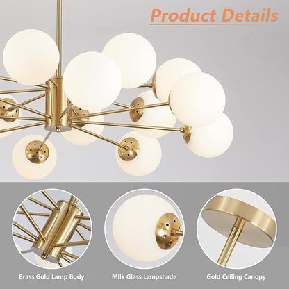 KCO Lighting Brushed Brass Chandelier Mid Century Modern Sputnik Chandelier Light Fixture Globe Flush Mount Ceiling Light Milk Glass Chandelier Gold Kitchen Island Lighting Fixture