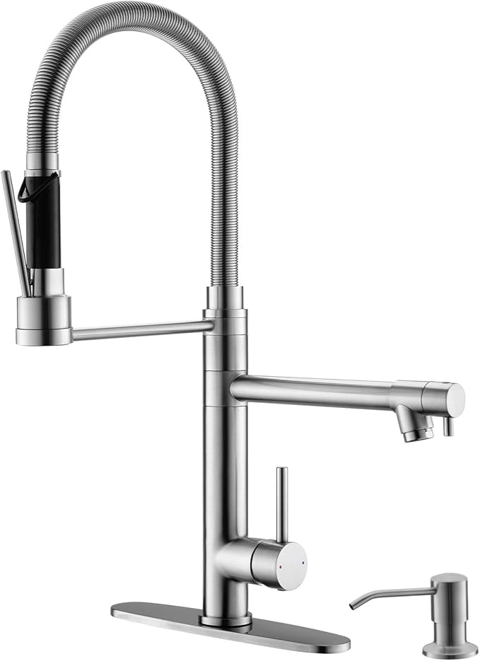 GIMILI Kitchen Faucet with Soap Dispenser Commercial Kitchen Faucet with Pull Down Sprayer Double-Headed Single Handle Spring Stainless Steel Brushed Nickel Kitchen Sink Faucet