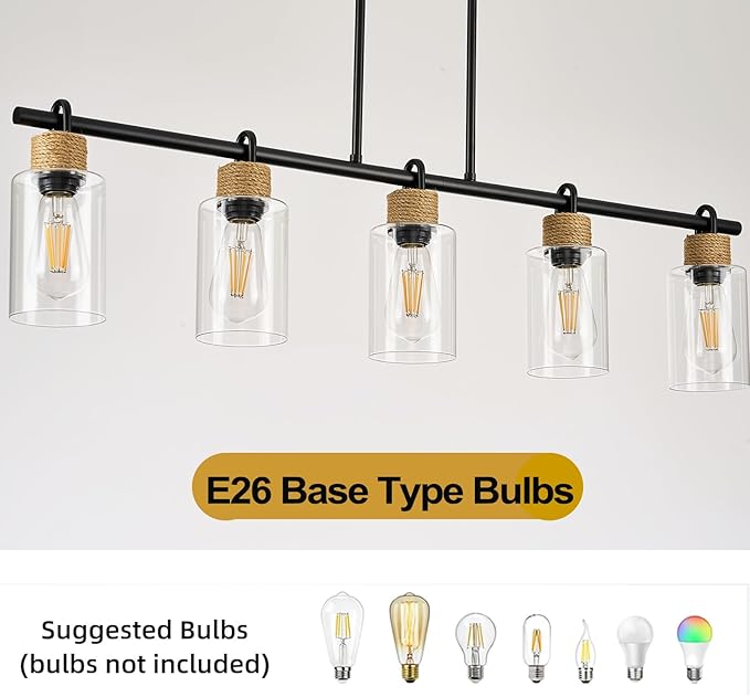5-Light Linear Chandeliers, Black Kitchen Pendant Lighting Over Island, Farmhouse Dining Room Light fixtures with Jute Rope & Clear Glass Shades(Black 5 Light)