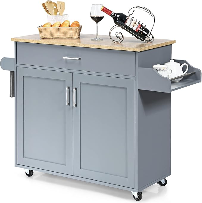 PETSITE Kitchen Island Cart with Storage Cabinet on Wheels, Spice Rack Towel Rack & Drawer (Grey)