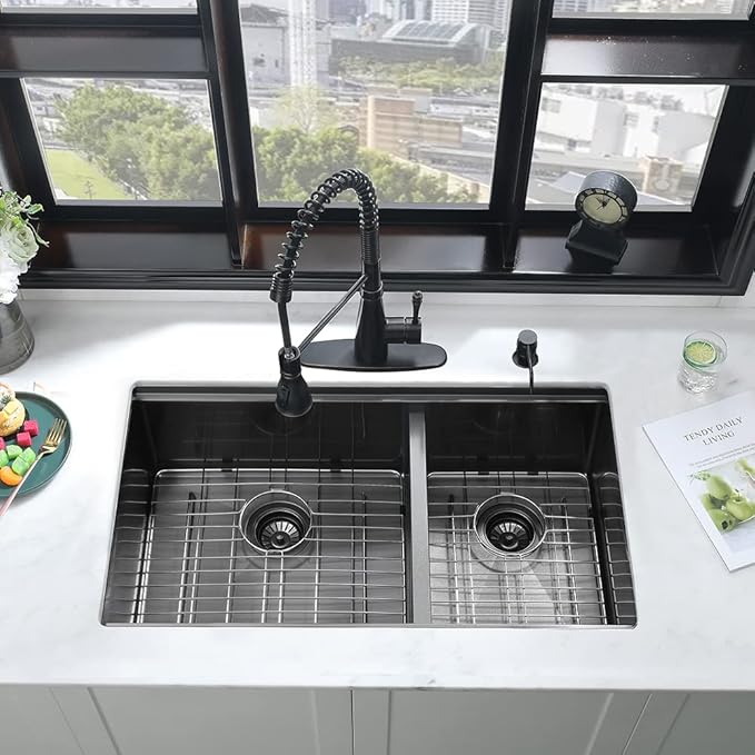 33 Inch Black Undermount Kitchen Sink Double Bowl-iAnomla 33x19 Black Stainless Steel Kitchen Sink Under Mount Workstation Sinks 16 Gauge 60/40 Low Divide Double Sinks with Cutting Board