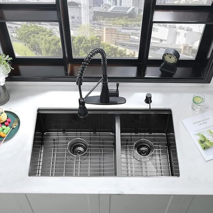 33 Inch Black Undermount Kitchen Sink Double Bowl-iAnomla 33x19 Black Stainless Steel Kitchen Sink Under Mount Workstation Sinks 16 Gauge 60/40 Low Divide Double Sinks with Cutting Board