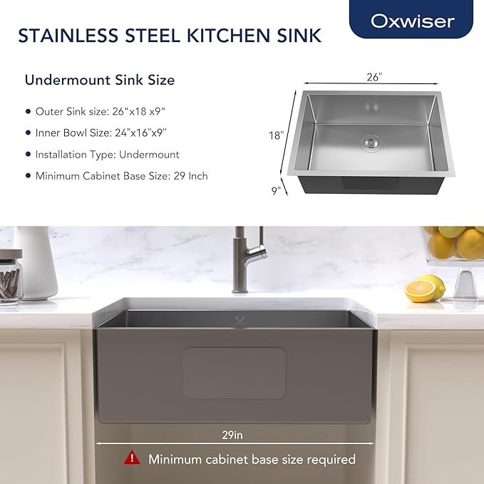 Kitchen Sink 26x18 Inch Undermount Kitchen Sink 16 Gauge Stainless Steel Sinks Single Bowl with Accessories Round Corners Handmade