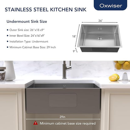 Kitchen Sink 26x18 Inch Undermount Kitchen Sink 16 Gauge Stainless Steel Sinks Single Bowl with Accessories Round Corners Handmade