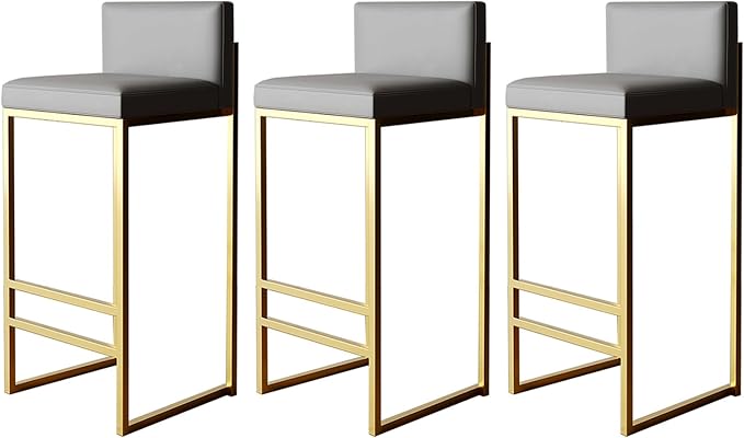 Height Stools of 4, Upholstered stools with Back, Armless Chairs for Kitchen Island, PU Leather Seat, Black/Gold Metal Legs, 65cm, Grey (Grey+Gold 3 Pcs)