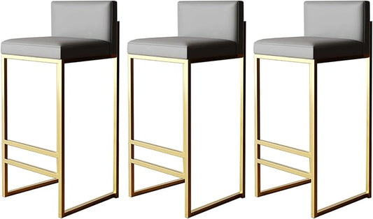 Height Stools of 4, Upholstered stools with Back, Armless Chairs for Kitchen Island, PU Leather Seat, Black/Gold Metal Legs, 65cm, Grey (Grey+Gold 3 Pcs)