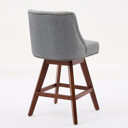 Comfortable Upholstered Swivel Bar Stool with Wooden Legs and Soft Fabric Seat for Kitchen Island or Home Bar Use (Gray + Wood+Fabric + Foam)
