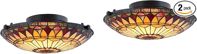 Kira Home Mateo 16" Tiffany Style Flush Mount Ceiling Light, 2-Light Hand-Crafted Art Glass Sunflower Pattern, Black Finish, Pack of 2