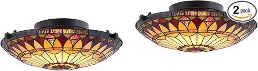 Kira Home Mateo 16" Tiffany Style Flush Mount Ceiling Light, 2-Light Hand-Crafted Art Glass Sunflower Pattern, Black Finish, Pack of 2