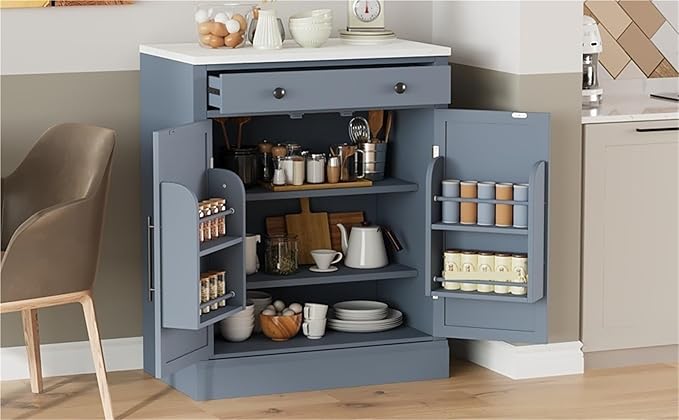 Modern Freestanding Kitchen Pantry Buffet Food Storage and Coffee Station Cabinet with Drawer 2 Adjustable Shelves and 2 Door Shelves Practical(Gray)
