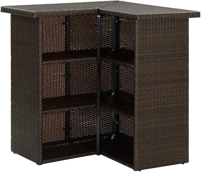 Bar Table 41.3" High Brown Poly Rattan Corner Dining Table Steel Frame 3 Shelf Modern Indoor Outdoor Kitchen Small Space