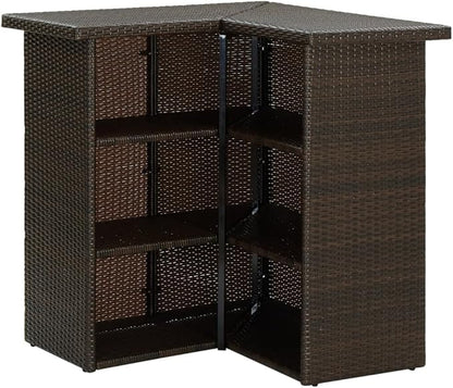 Corner Bar Table with 3 Shelves, Modern Brown Poly Rattan and Steel Frame for Kitchen, Dining Room or Outdoor Patio