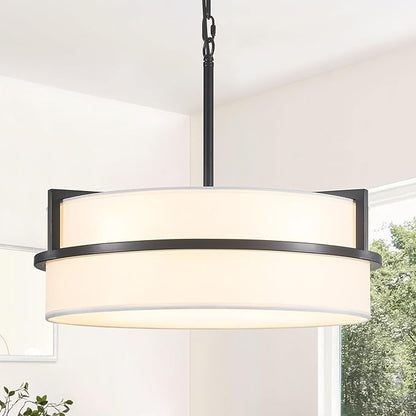 19.7" Black Drum Chandelier,5-Lights Large Drum Pendant Light with White Linen Shade Round Modern Chandeliers for Dining Room Bedroom Kitchen Island Over Table Hanging Ceiling Light Fixtures