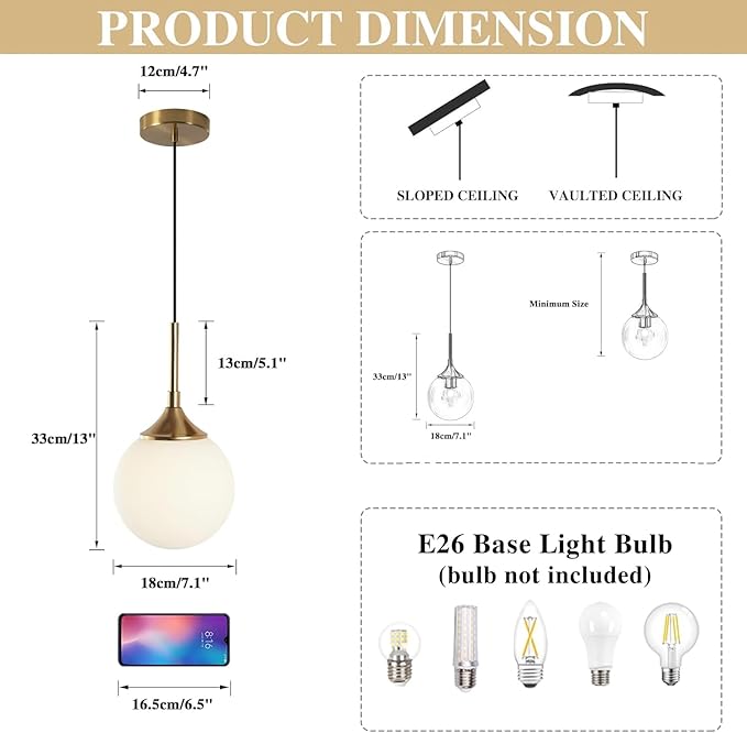 KCO Lighting 7” Small Milk Glass Pendant Light Gold Globe Kitchen Pendant Lights Vintage White Glass Hanging Light Fixture Mid Century Modern Dining Room Ceiling Light Fixture (2 Pack)
