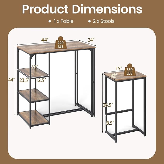 Giantex 3-Piece Dining Table Set for 2, Bar-Height Kitchen Table with 2 Stools, 3 Storage Shelves, Pub Table & Chairs Set for Small Place Apartment Living Room High Top Breakfast Nook Restaurant