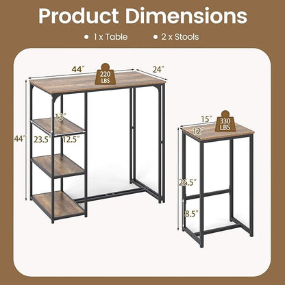 Giantex 3-Piece Dining Table Set for 2, Bar-Height Kitchen Table with 2 Stools, 3 Storage Shelves, Pub Table & Chairs Set for Small Place Apartment Living Room High Top Breakfast Nook Restaurant