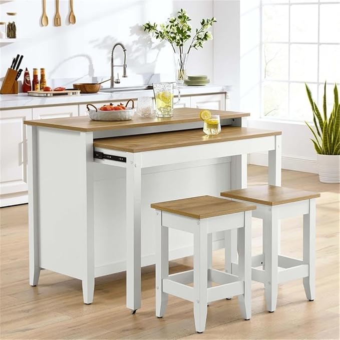 MAKLAINE Contemporary 3-Piece Kitchen Island Set, Oak White Finish, MDF and Particleboard Construction, Butcher Block Countertop, Pull-Out Table, Adjustable Shelves, Includes 2 Backless Stools