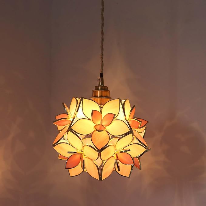 Bieye L10913 Petals Tiffany Style Stained Glass Ceiling Pendant Light with 8-inch Wide Lampshade (Pink, 8" Rose Lily)