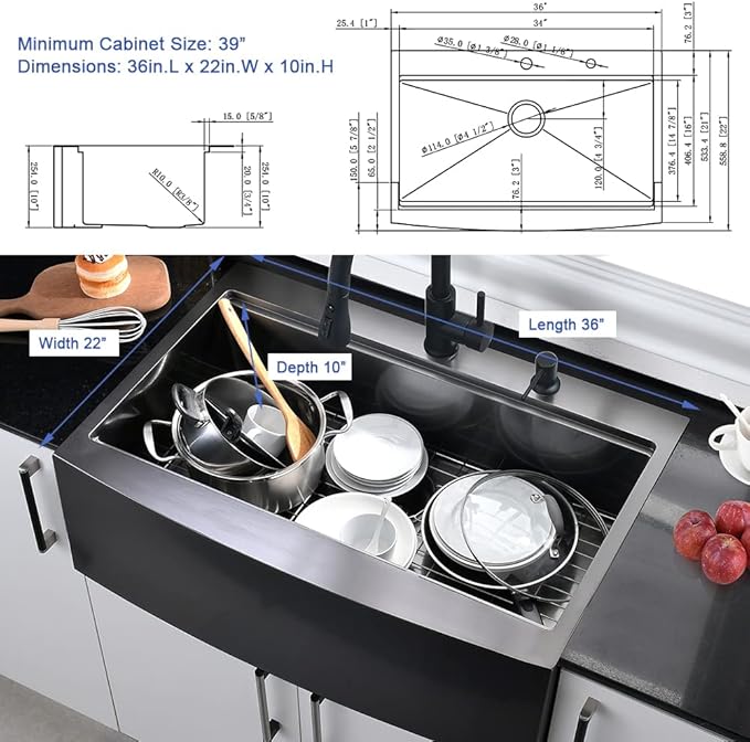 36 Inch Black Drop In Farmhouse Sink Workstation-Hovheir 36x22 Black Stainless Steel Kitchen Sink Drop In Apron Front Farm Sinks 16 Gauge Deep Single Bowl Farmhouse Kitchen Sinks Top Mount