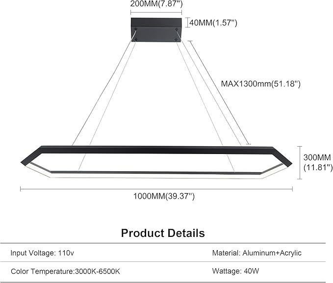 Black LED Pendant Light Fixture, Dimmable LED Pendant Light Kitchen Island, 6000K Adjustable Hanging Lamp for Kitchen Island, Bedroom, Dinning Room, Living Room