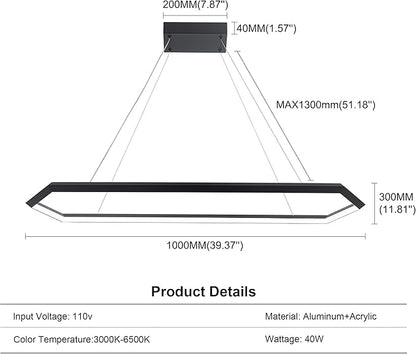 Black LED Pendant Light Fixture, Dimmable LED Pendant Light Kitchen Island, 6000K Adjustable Hanging Lamp for Kitchen Island, Bedroom, Dinning Room, Living Room