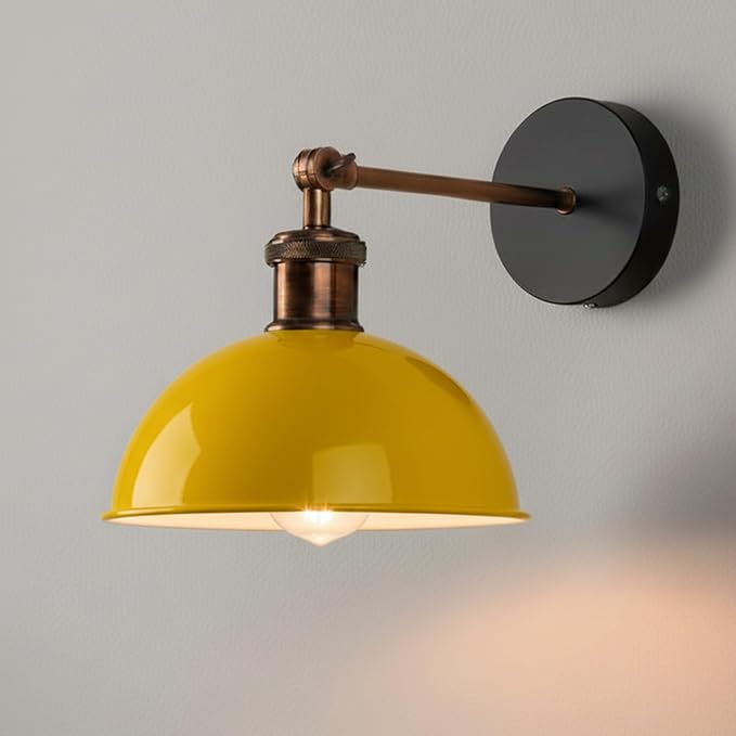 Vintage Industrial Wall Sconce with 180 Degree Adjustable Swing Arm Copper Dome Shade Hardwired or Plug in Light Fixture for Bedroom Living Room and Home Office (Yellow)