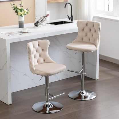17.7 inch Base, Modern Upholstered Bar Stools with Backs Comfortable Tufted for Home Pub and Kitchen Island,Gray,Set of 2 (Foam + Beige + Velvet)