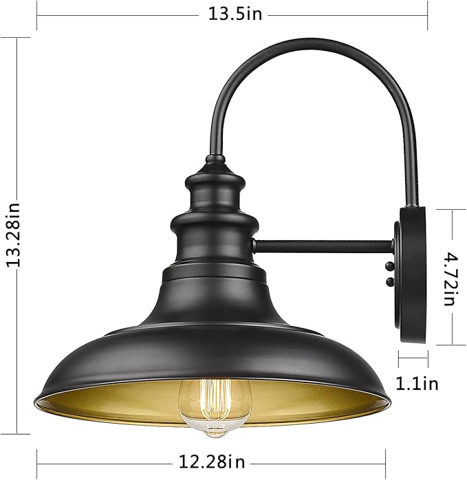 Outdoor Barn Light Fixtures, 12.3 Inch Large Dome Farmhouse Wall Mount Light Wall Sconces, Exterior Wall Lighting Fixtures Industrial Black Gold Lantern Lamps for Porch Garage Patio, 4 Pack