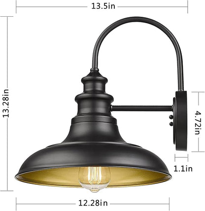 Outdoor Barn Light Fixtures, 12.3 Inch Large Dome Farmhouse Wall Mount Light Wall Sconces, Exterior Wall Lighting Fixtures Industrial Black Gold Lantern Lamps for Porch Garage Patio, 4 Pack