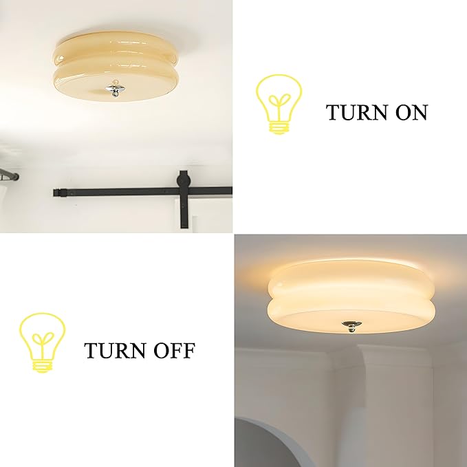 Bofea-Modern Minimalism Semi Flush Ceiling Light, Round Milk Yellow Glass LED Ceiling Light, Nordic Flush Mount Ceiling Light Fixture Decorate for Bedroom Corridor &Kitchen Island