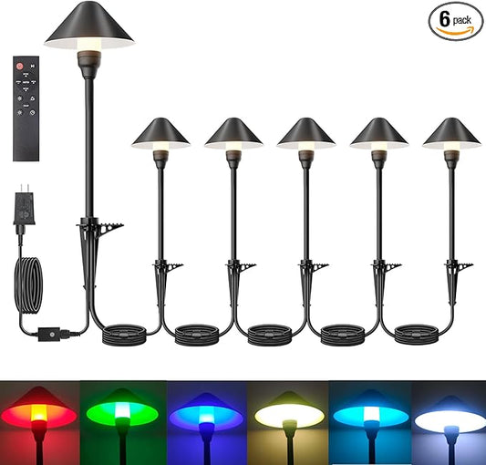 6 Pack Low Voltage Pathway Lights with Remote Timer, Low Voltage Landscape Lighting Warm White + RGB Modes, Outdoor LED Landscape Path Lights for Yard Lawn Backyard Walkway ETL Listed Transformer