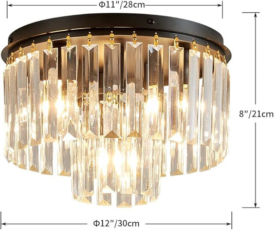 AGV LIGHTING Crystal Ceiling Light Fixture, Modern Semi Flush Ceiling Light, D12 x H8, E12 Base 3-Lights, Black Finish
