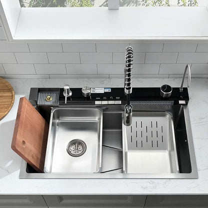 30 Inch Waterfall Smart Kitchen Sink -Wesliv 30x18 Waterfall Kitchen Sink Stainless Steel Digital Display Pull-Out Faucet 18 Guage Single Bowl Sinks with Cup Washer & Soap Dispenser