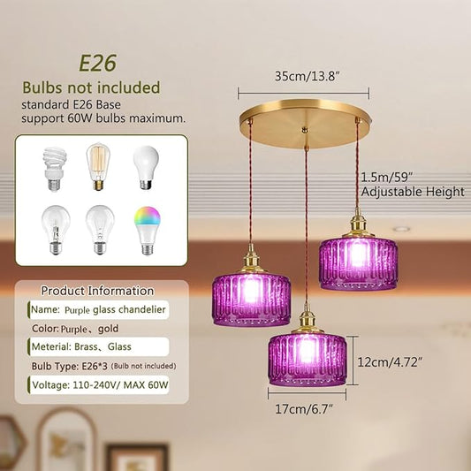 3-Light Glass Globe Chandelier Kitchen Island Mid Century Modern Ceiling Pendant Light Purple Striped Shade Gold Hanging Lights Fixture Multi Light Cluster Chandeliers Dining Room
