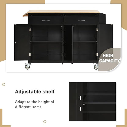 Favfurish Kitchen Island Cart on Locking Wheels with 4 Cabinet and 2 Drawers, Rolling Coffee Bar Trolley w/Solid Wood Tabletop, Adjustable Shelves, Spice & Towel Side Rack, for Dining Room, Black