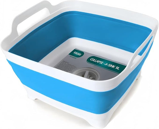 FOSJGO Dish Basin Collapsible with Drain Plug Carry Handles for 9 L Capacity, Collapsible Sink Tub, Dish Wash Basin, Portable Dish Tub, Foldable Dishpan for Camping Dish Washing Tub and RV Sink