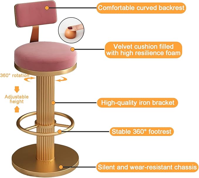 s, Adjustable Counter Height Chairs, Upholstered Chairs for Kitchen Island, Cafe, Pink,Pink-Sitting Height 6580cm