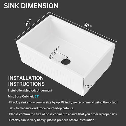 30 Inch White Farmhouse Sink Workstation Apron Front Ceramic Porcelain Fireclay Ledge Single Bowl Sink Large Deep Farm Kitchen Sinks 30" x 20" x10"