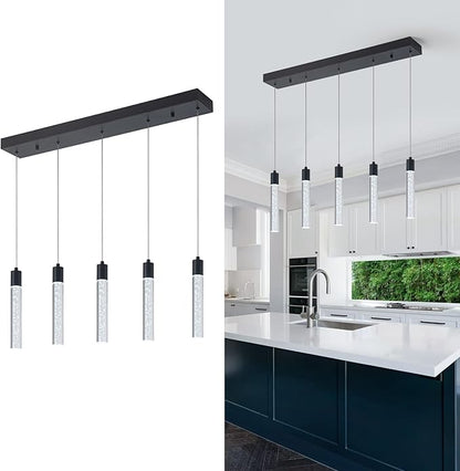 5 Black Pendant Lights Kitchen Island Modern with Adjustable Height - Clear Cylinder Island Lights, 3000-6000K Dimmable Kitchen Pendant Lighting for, Dining Room, Bar Counter