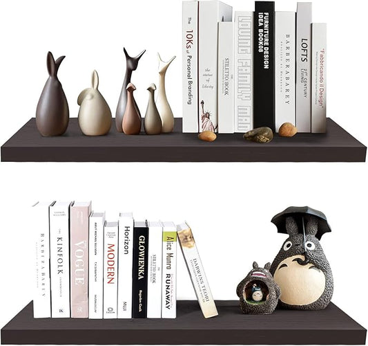 SAUMONIERES 24 Inch Floating Wall Shelves for Bedroom Bathroom Wall Mounted Solid Wood Shelf Storage Set of 2, Espresso