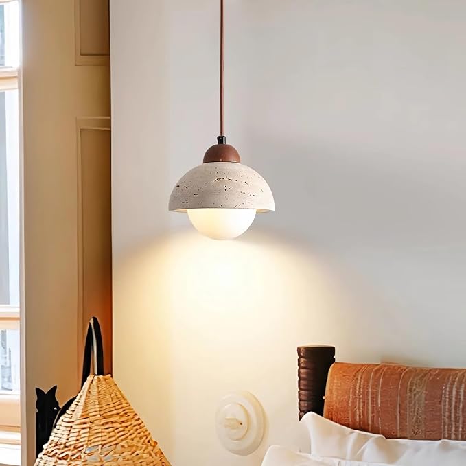 Japanese Wabi sabi Pendant Light with Natural Stone Shade, Dimmable Modern Wood Hanging Lamp Fixture, Adjustable Height Pendant Lamp for Bedroom, Kitchen Island, Dining Room, Restaurant, Cafe, Bar (D)