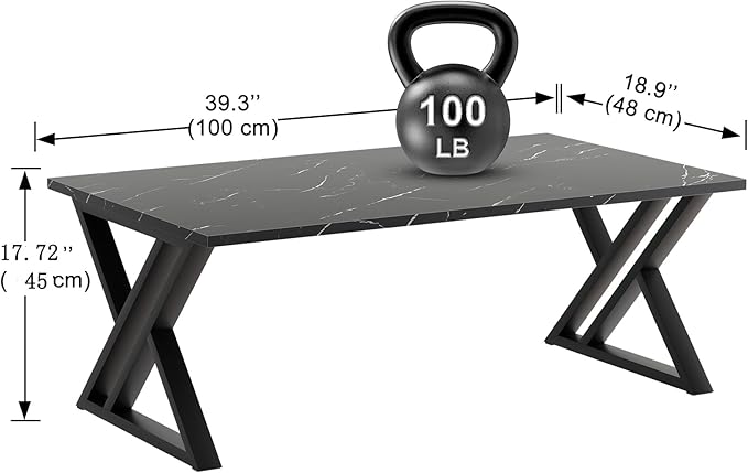 Wolawu Coffee Table Living Room Table Black Center Table, Simple Modern Faux Marble Rectangular Tea Table with Sturdy Black-Finished Metal Frame,Industrial Wooden Coffee Table for Bedroom Home Office