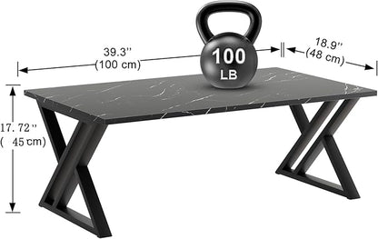 Wolawu Coffee Table Living Room Table Black Center Table, Simple Modern Faux Marble Rectangular Tea Table with Sturdy Black-Finished Metal Frame,Industrial Wooden Coffee Table for Bedroom Home Office