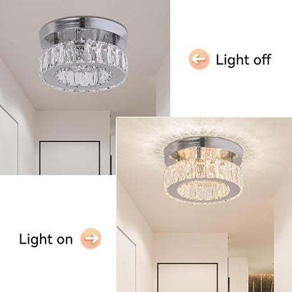 Modern Crystal Chandelier Mini Round Flush Mount Ceiling Light Fixture Small LED Crystal Ceiling Light for Hallway Foyer Living Room (Warm White)