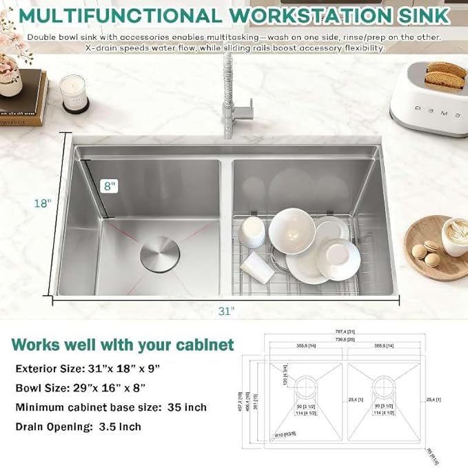 31 Inch Sink Undermount Double Bowl, 16 Gauge 50/50 Double Bowl Stainless Steel Workstation Sink, 31"x18"x9" Large and Deep Kitchen Sink With Accessories
