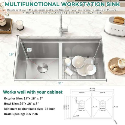 31 Inch Sink Undermount Double Bowl, 16 Gauge 50/50 Double Bowl Stainless Steel Workstation Sink, 31"x18"x9" Large and Deep Kitchen Sink With Accessories