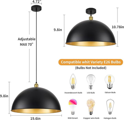 20 Inch Black Pendant Light Fixtures, Vintage Pendant Lights Kitchen Island, Adjustable Height Large Farmhouse Pendant Light for Kitchen Dining Room Bedroom 2 Pack